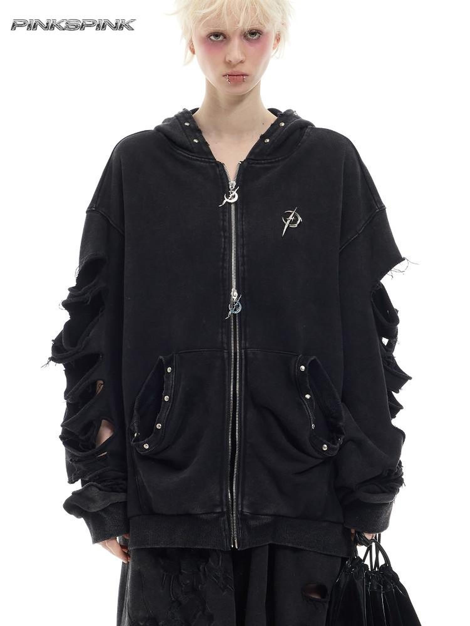 PINKSPINK Black Gray Studded Hand Distressed Washed Lettering Women's Zip-up Hoodies