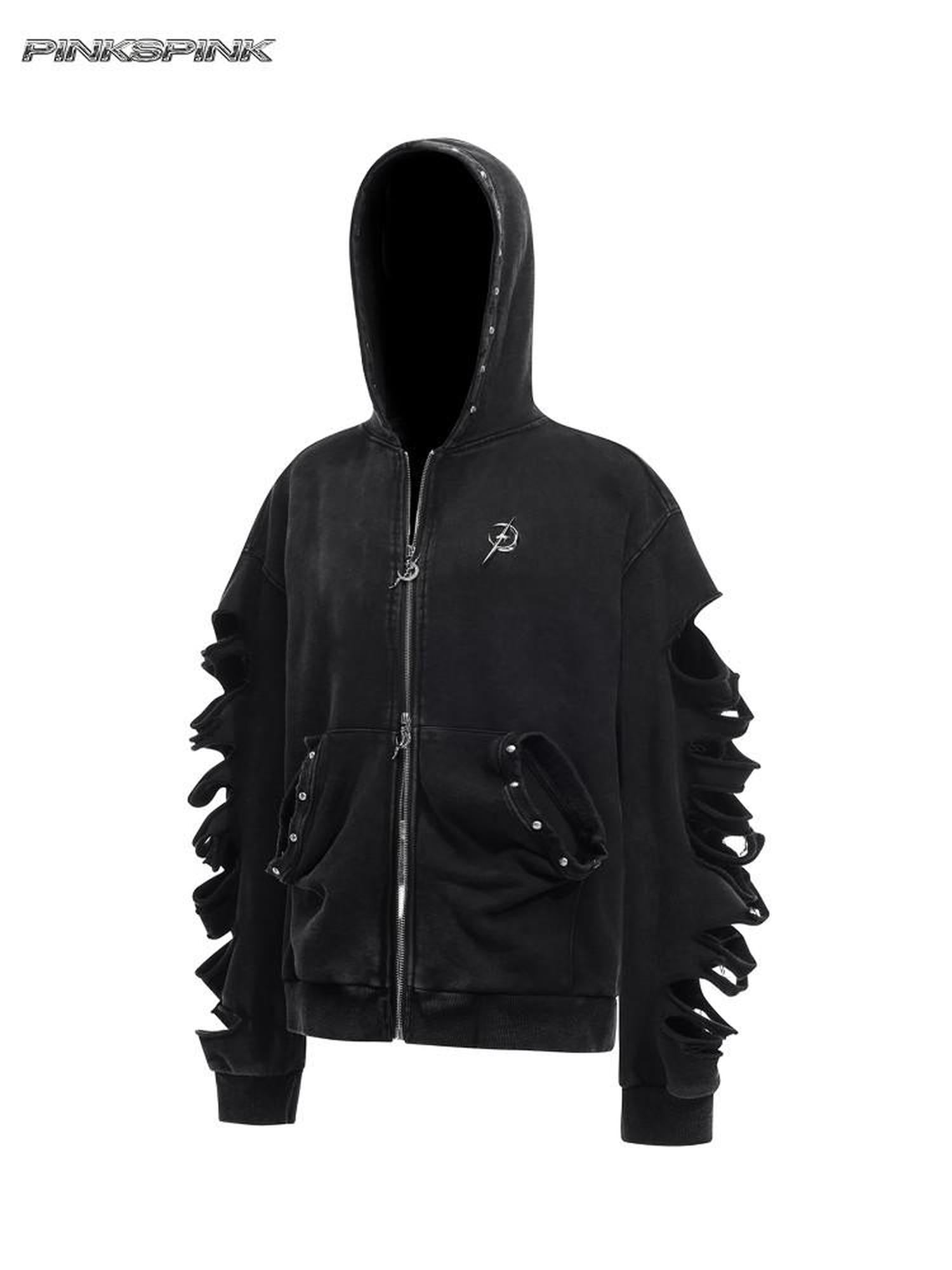 PINKSPINK Black Gray Studded Hand Distressed Washed Lettering Women's Zip-up Hoodies