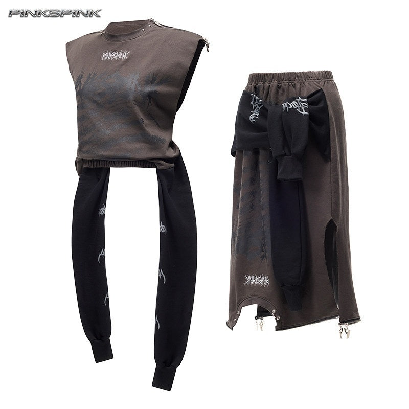 PINKSPINK_Black_Grey_Thorn_Print_Patchwork_Embroidered_Punk_Women's_Cotton_Midi_Skirts_1046759773261_MISSTT
