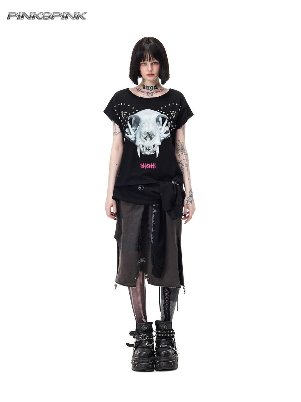 PINKSPINK Black Grey Thorn Print Patchwork Embroidered Punk Women's Cotton Midi Skirts