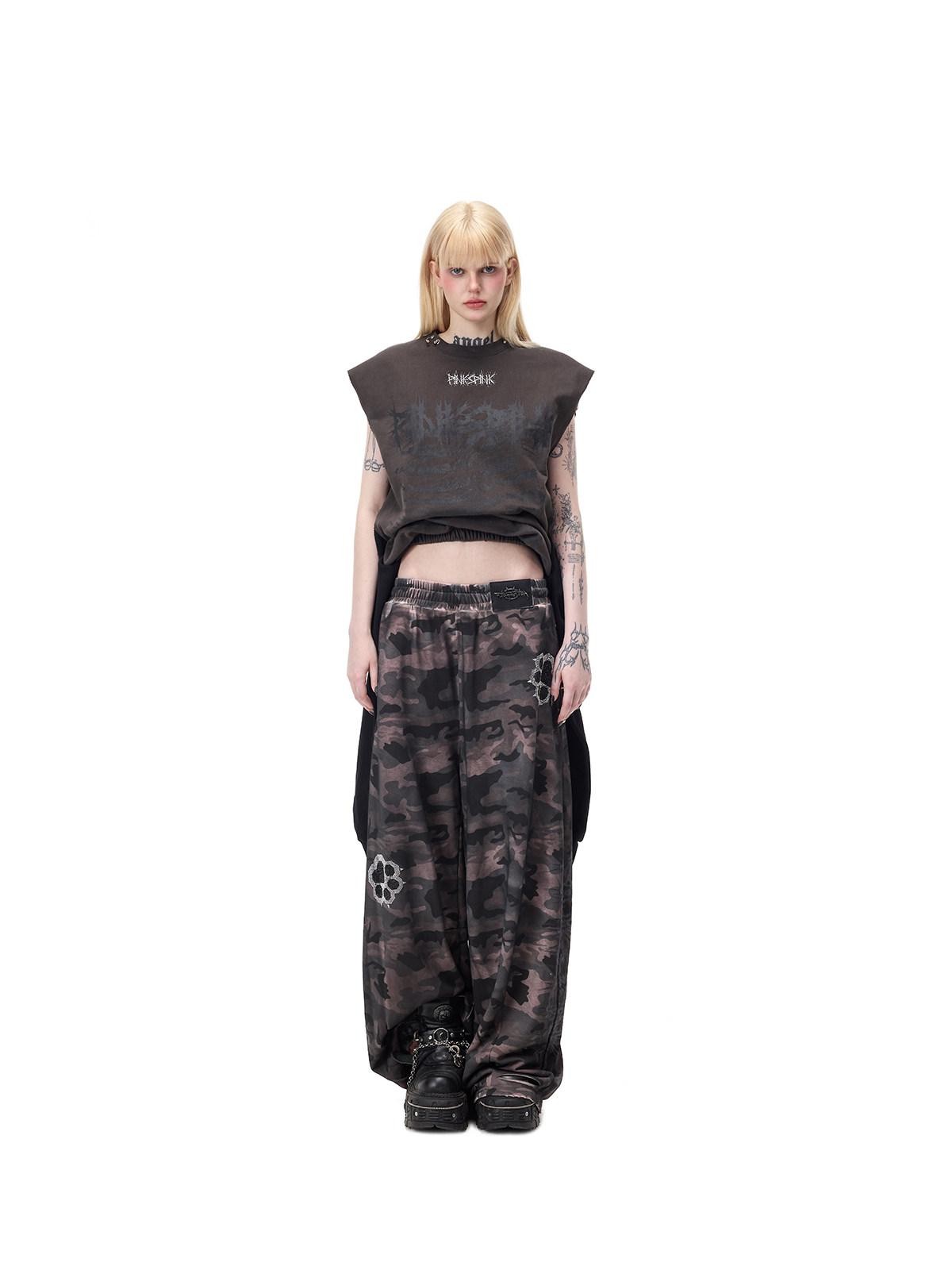 PINKSPINK Black Grey Thorn Print Patchwork Embroidered Punk Women's Cotton Midi Skirts