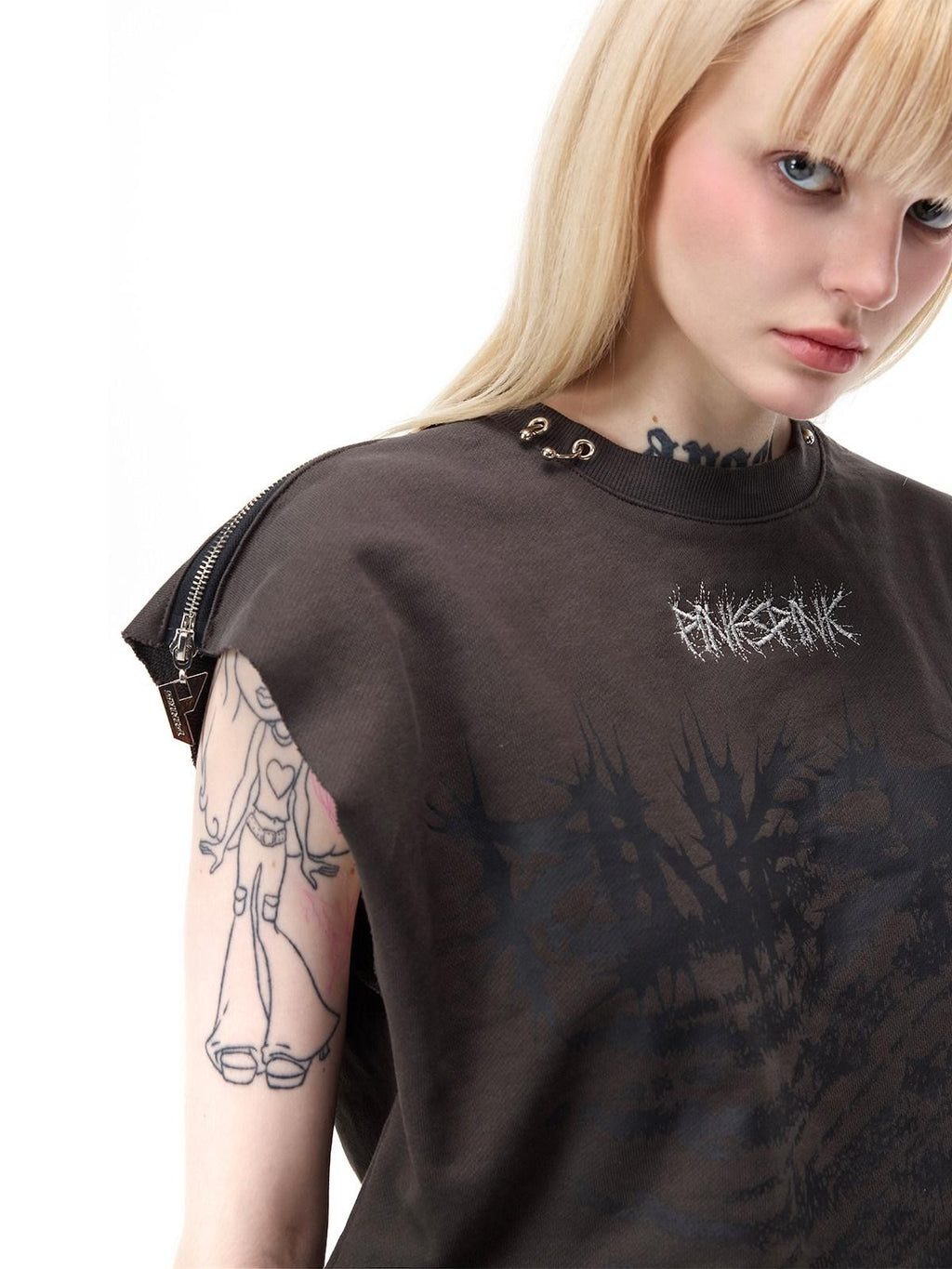 PINKSPINK Black Grey Thorn Print Patchwork Embroidered Punk Women's Cotton Midi Skirts