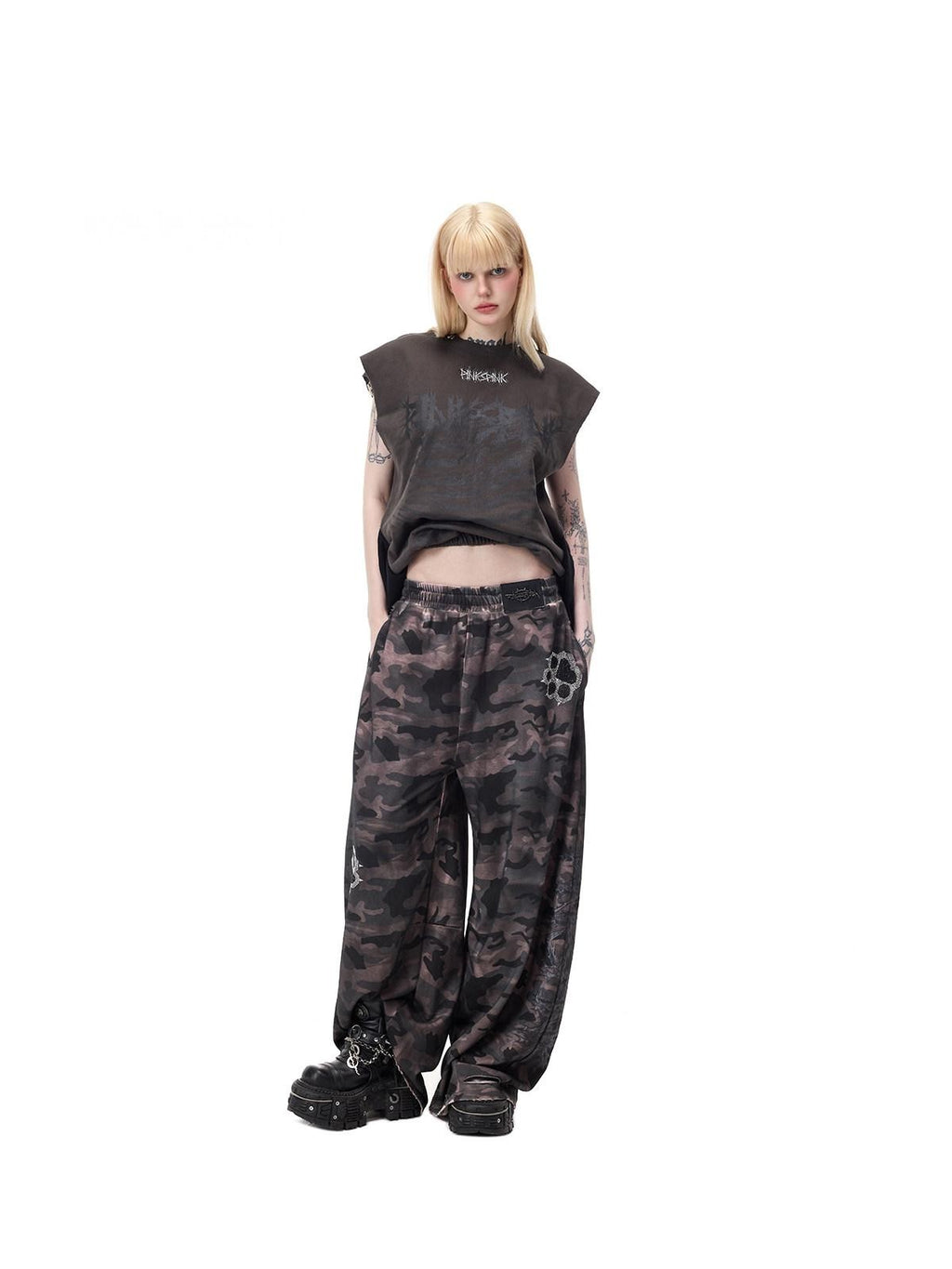 PINKSPINK Black Grey Thorn Print Patchwork Embroidered Punk Women's Cotton Midi Skirts