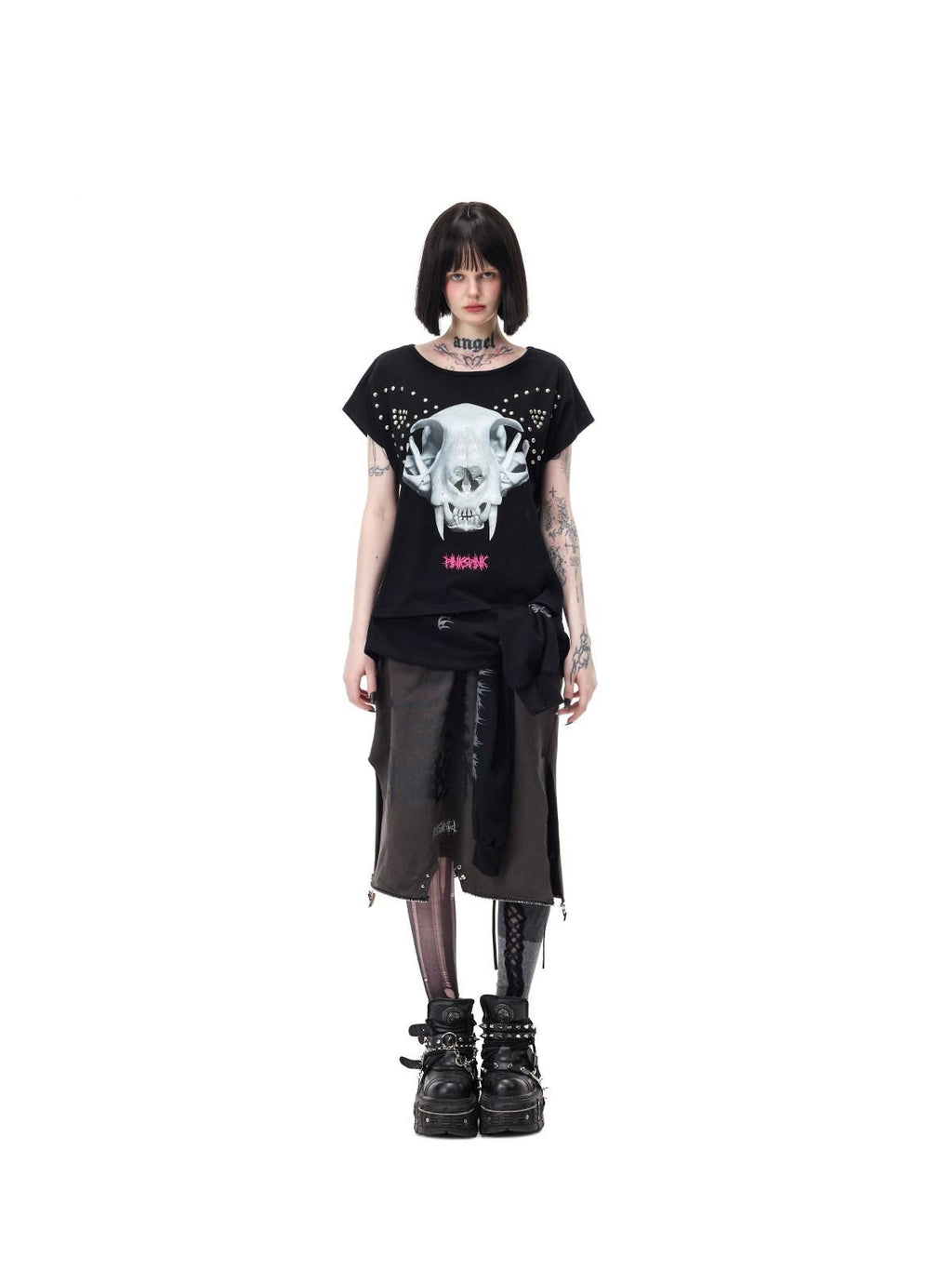 PINKSPINK Black Grey Thorn Print Patchwork Embroidered Punk Women's Cotton Midi Skirts