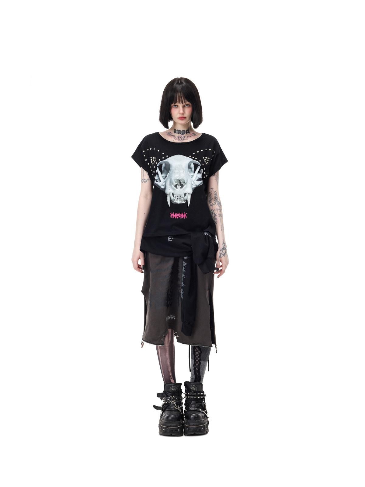 PINKSPINK Black Grey Thorn Print Patchwork Embroidered Punk Women's Cotton Midi Skirts
