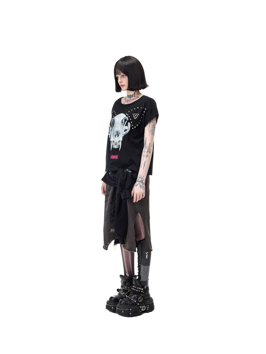 PINKSPINK Black Grey Thorn Print Patchwork Embroidered Punk Women's Cotton Midi Skirts