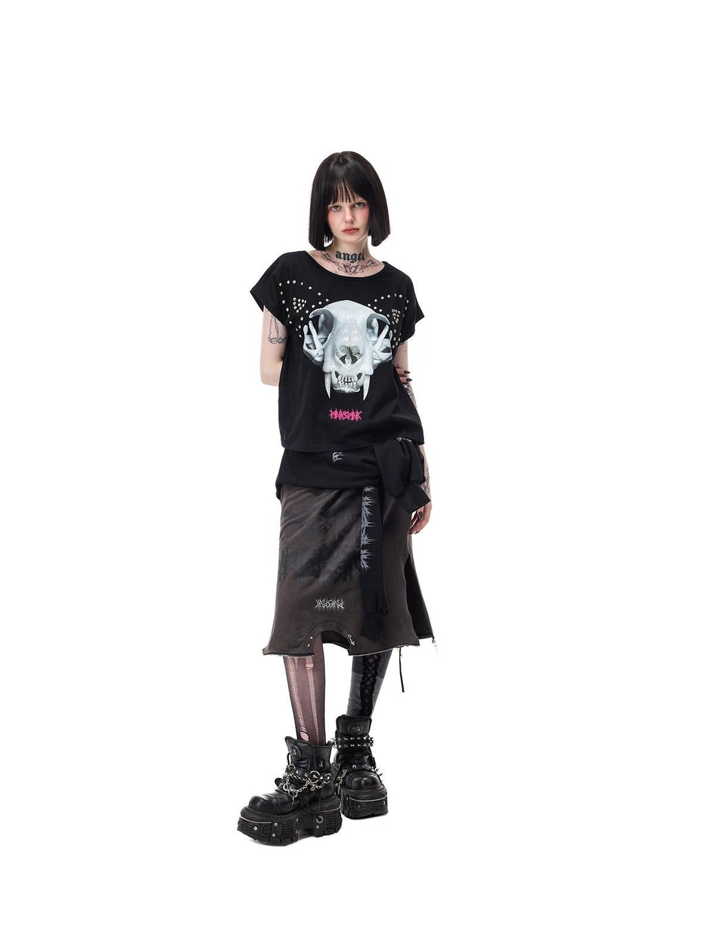 PINKSPINK Black Grey Thorn Print Patchwork Embroidered Punk Women's Cotton Midi Skirts