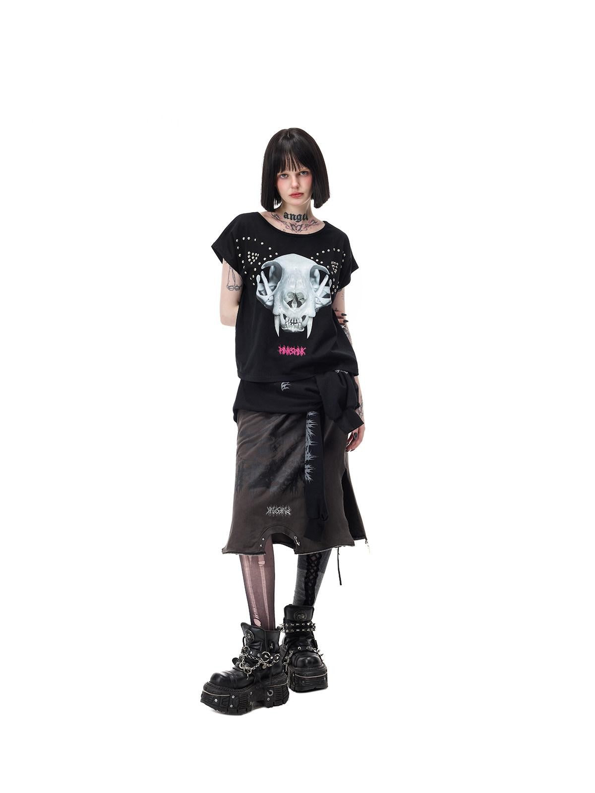 PINKSPINK Black Grey Thorn Print Patchwork Embroidered Punk Women's Cotton Midi Skirts