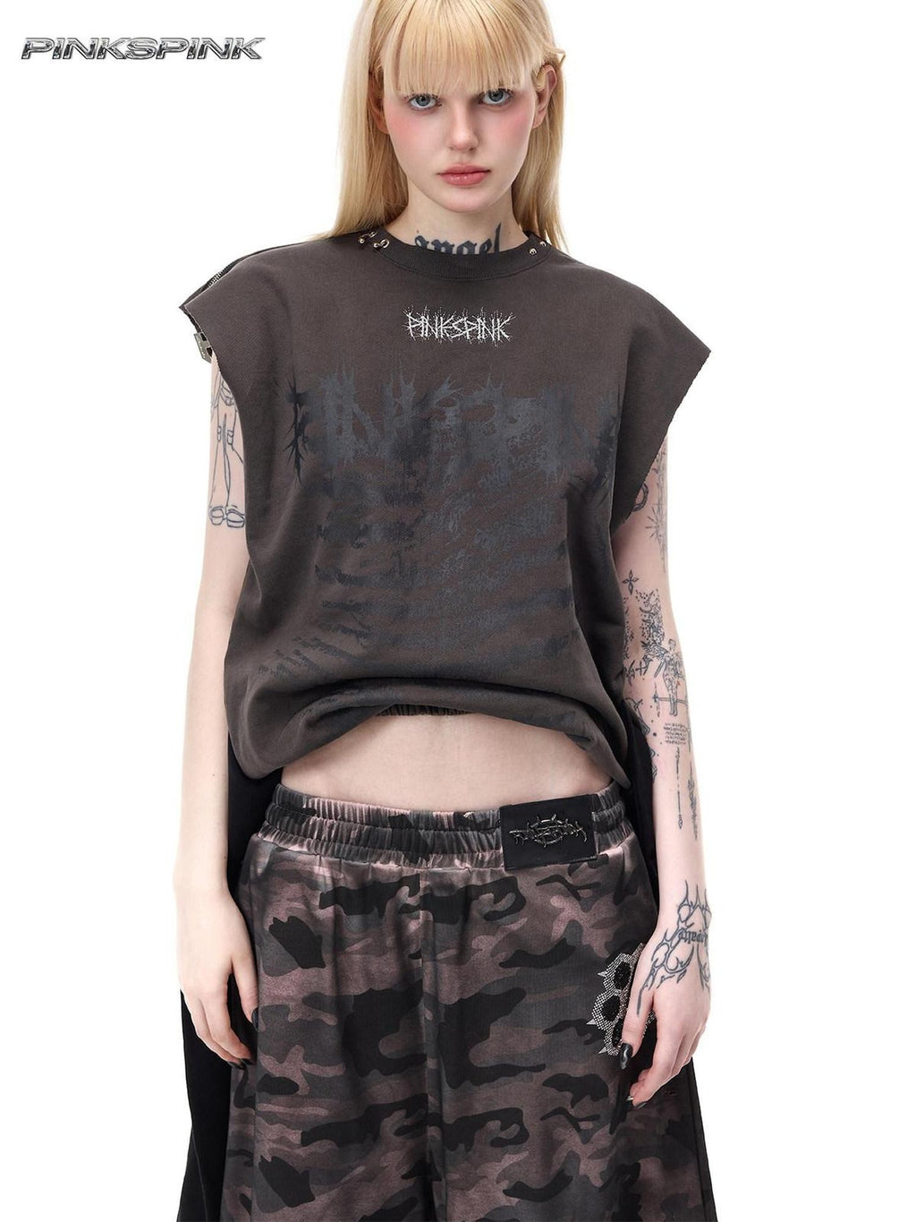 PINKSPINK Black Grey Thorn Print Patchwork Embroidered Punk Women's Cotton Midi Skirts