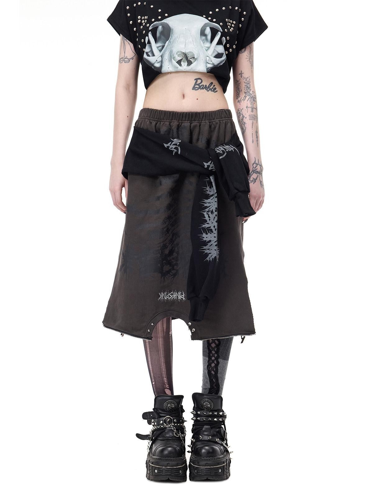 PINKSPINK Black Grey Thorn Print Patchwork Embroidered Punk Women's Cotton Midi Skirts