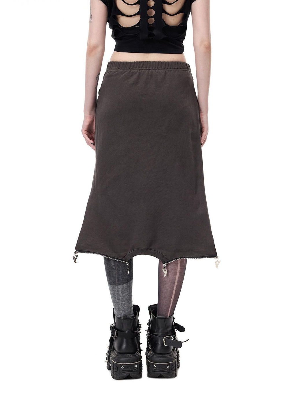 PINKSPINK Black Grey Thorn Print Patchwork Embroidered Punk Women's Cotton Midi Skirts