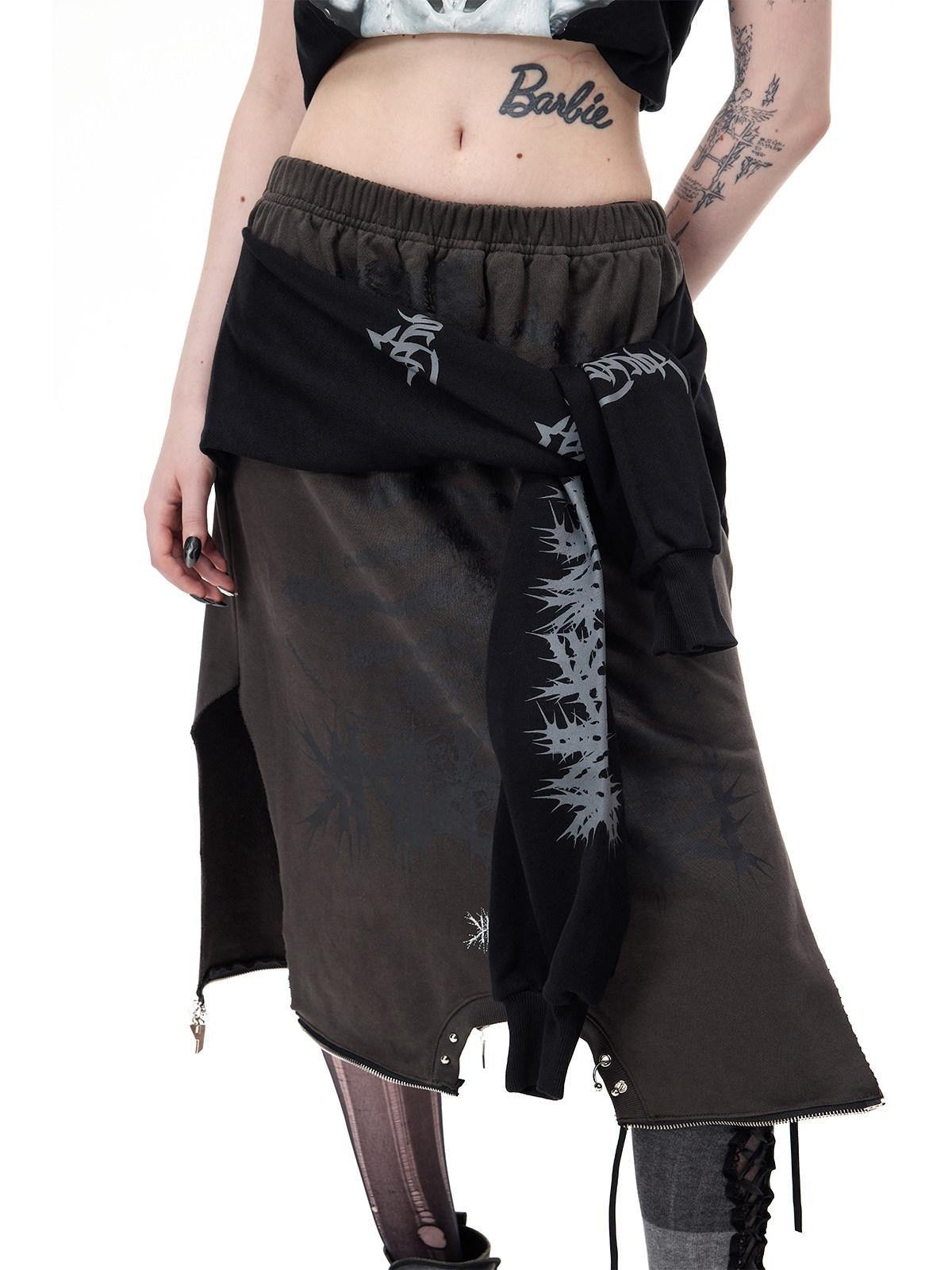 PINKSPINK Black Grey Thorn Print Patchwork Embroidered Punk Women's Cotton Midi Skirts