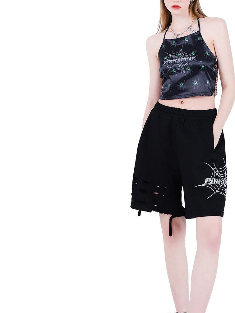 PINKSPINK Black Hand Painted 3d Spider Mesh Splice Women's Mesh Halter Tops