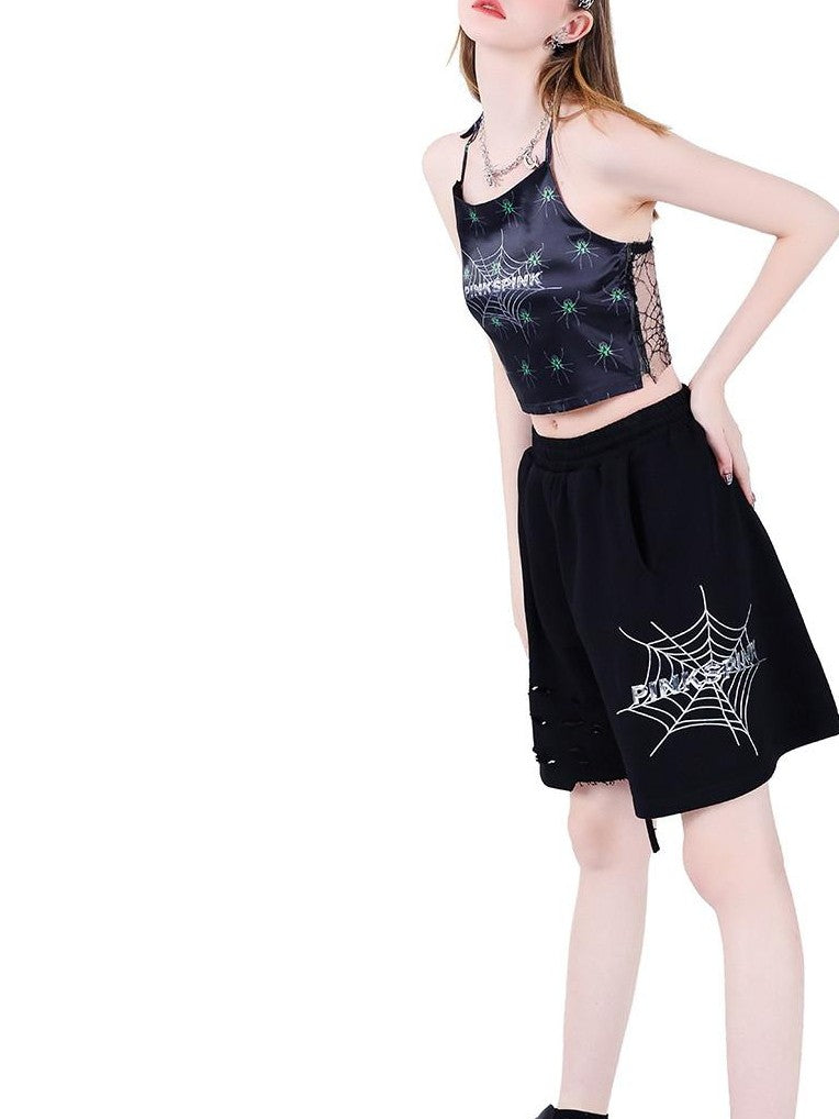 PINKSPINK Black Hand Painted 3d Spider Mesh Splice Women's Mesh Halter Tops