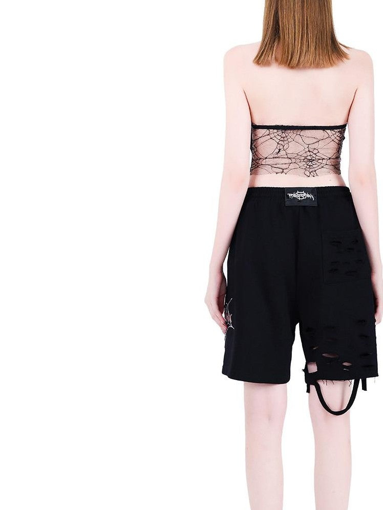 PINKSPINK Black Hand Painted 3d Spider Mesh Splice Women's Mesh Halter Tops