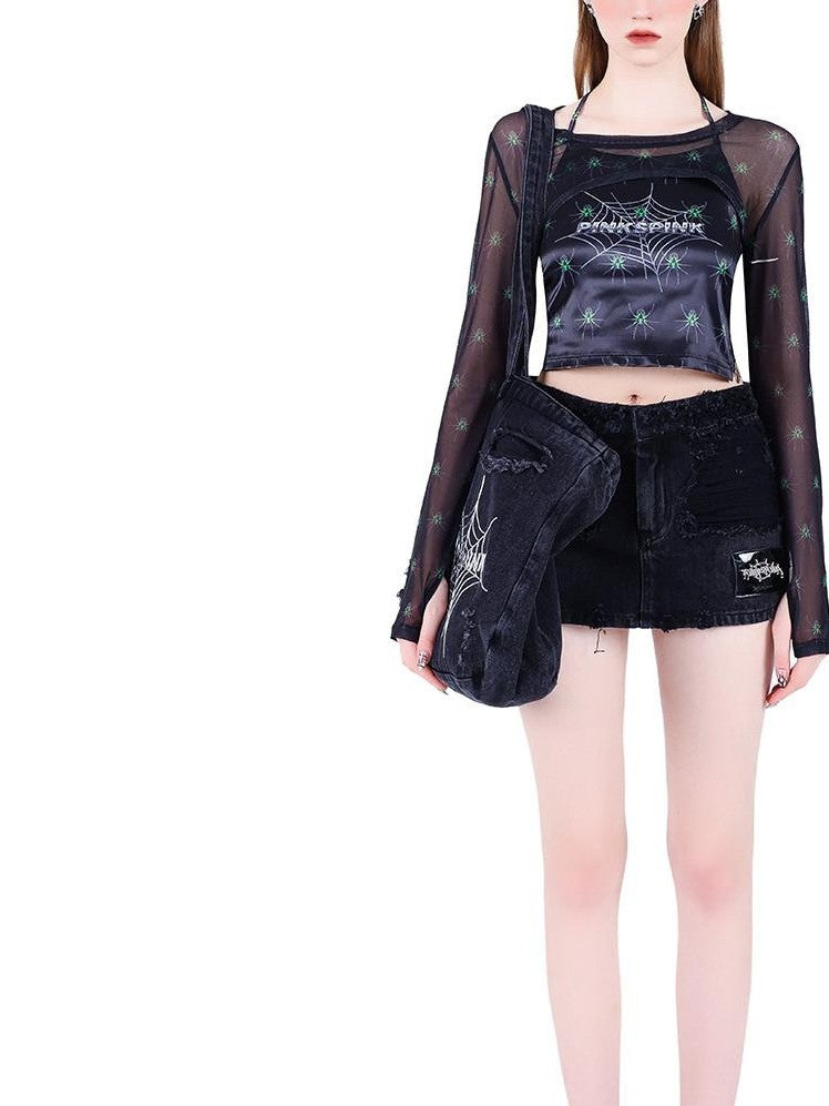 PINKSPINK Black Hand Painted 3d Spider Mesh Splice Women's Mesh Halter Tops
