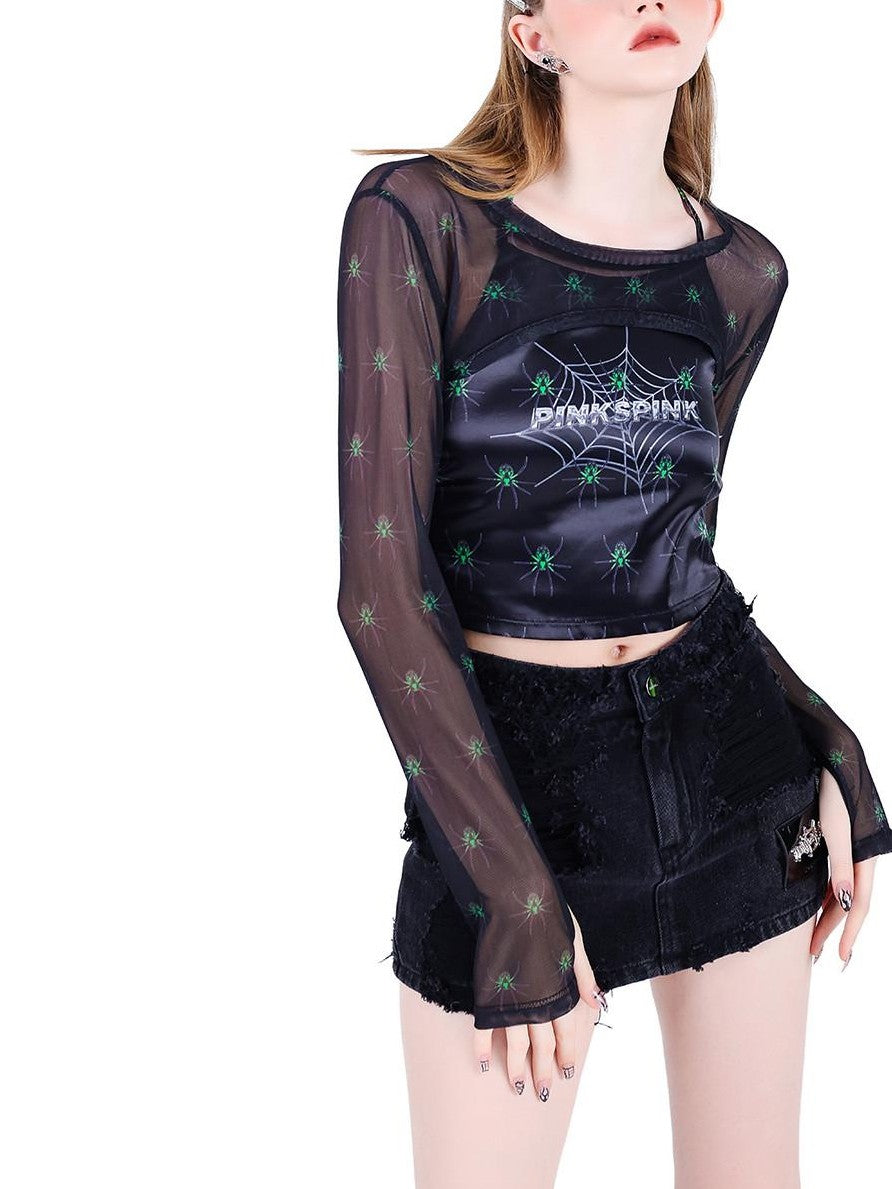 PINKSPINK Black Hand Painted 3d Spider Mesh Splice Women's Mesh Halter Tops