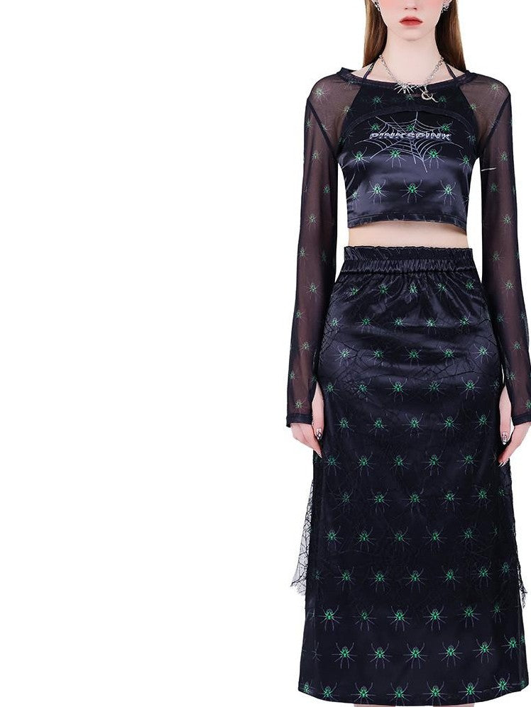 PINKSPINK Black Hand Painted 3d Spider Mesh Splice Women's Mesh Halter Tops