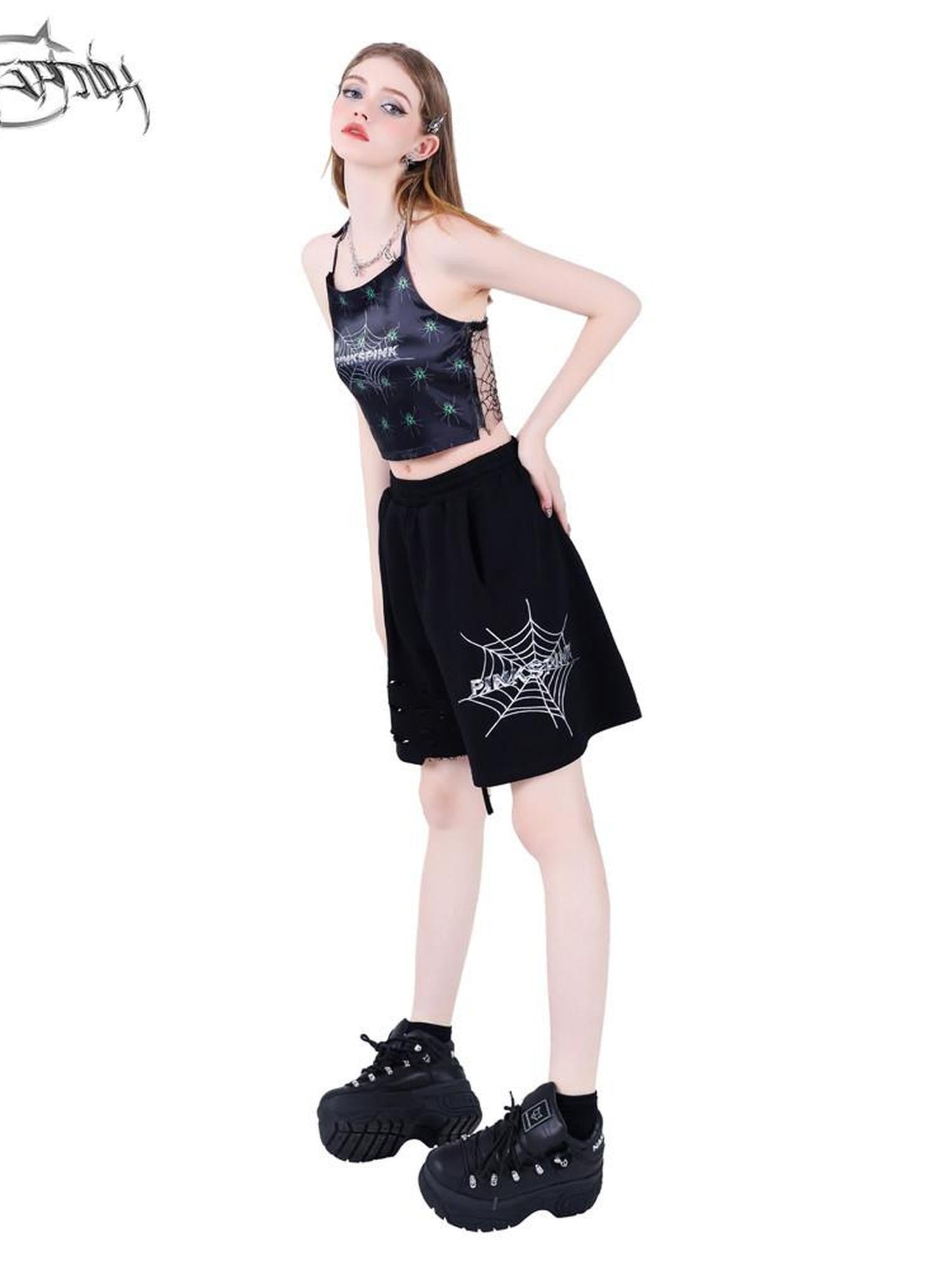 PINKSPINK Black Hand Painted 3d Spider Mesh Splice Women's Mesh Halter Tops