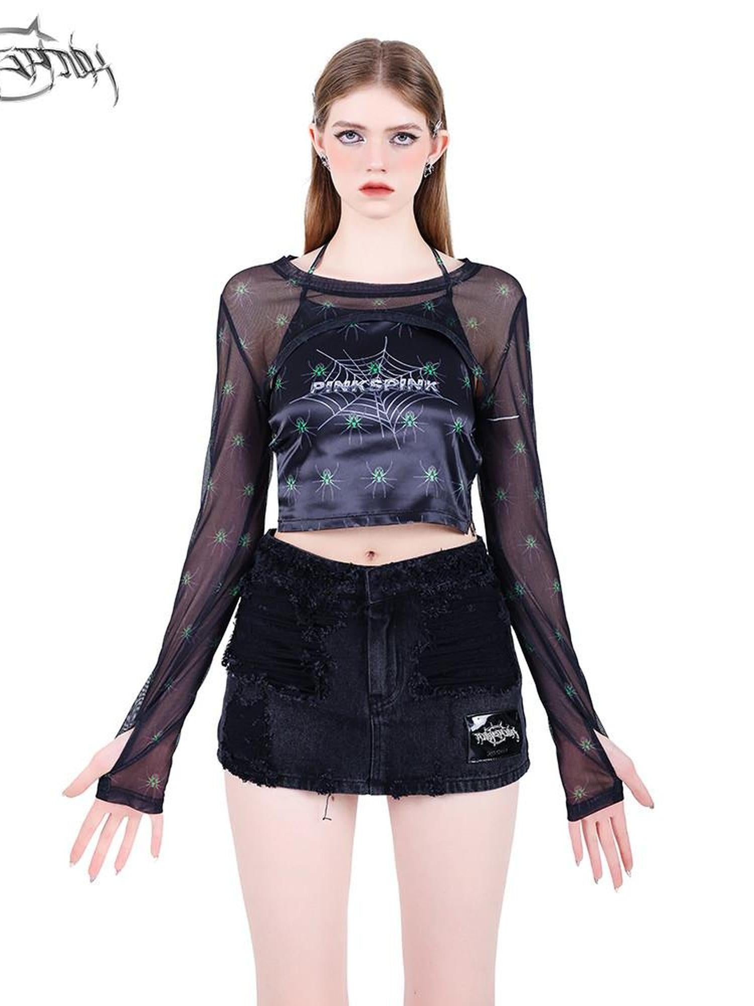 PINKSPINK Black Hand Painted 3d Spider Mesh Splice Women's Mesh Halter Tops
