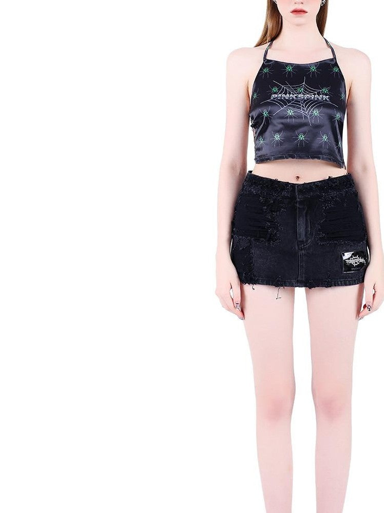 PINKSPINK Black Hand Painted 3d Spider Mesh Splice Women's Mesh Halter Tops