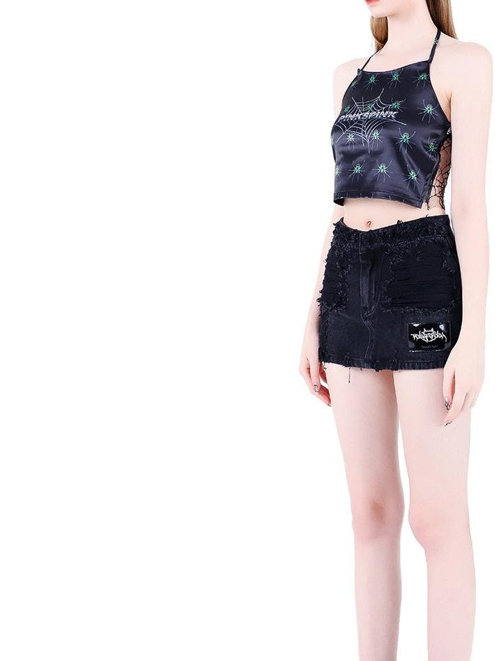 PINKSPINK Black Hand Painted 3d Spider Mesh Splice Women's Mesh Halter Tops
