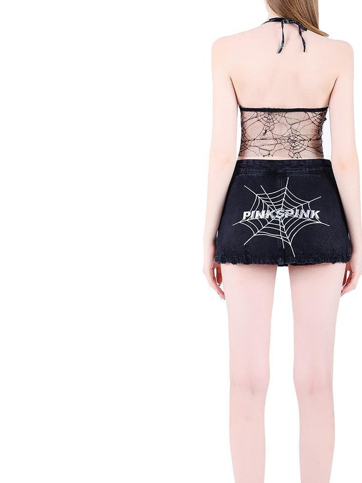 PINKSPINK Black Hand Painted 3d Spider Mesh Splice Women's Mesh Halter Tops