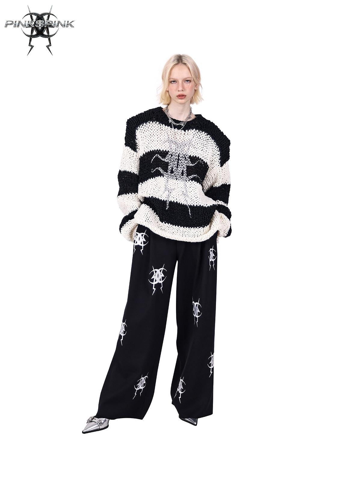 PINKSPINK Black Heavy Embroidery Relaxed Zipper Low Waist Straight Leg Women's Sweatpants