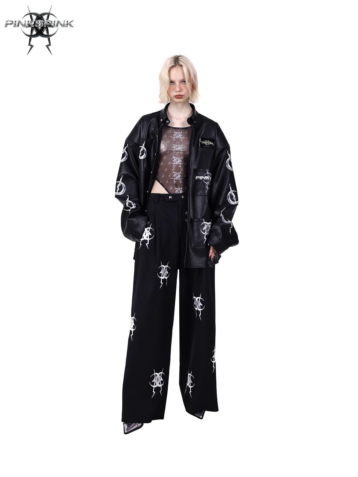 PINKSPINK Black Heavy Embroidery Relaxed Zipper Low Waist Straight Leg Women's Sweatpants