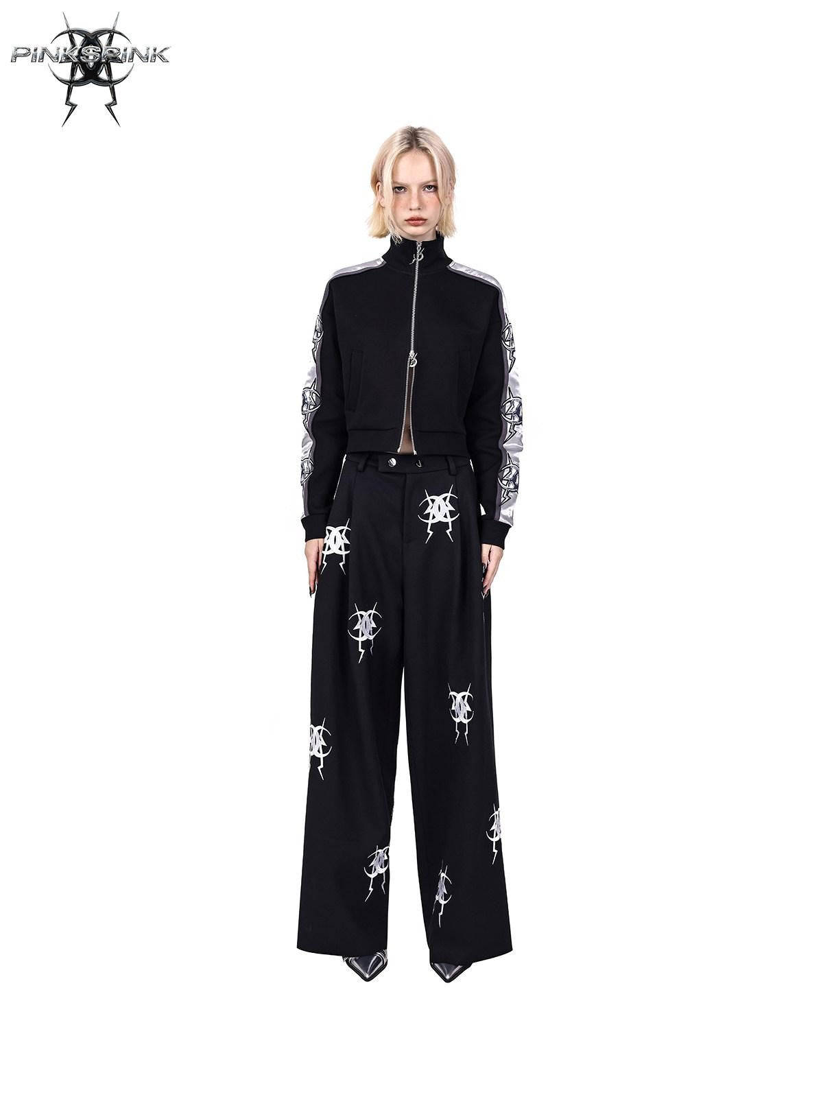 PINKSPINK Black Heavy Embroidery Relaxed Zipper Low Waist Straight Leg Women's Sweatpants