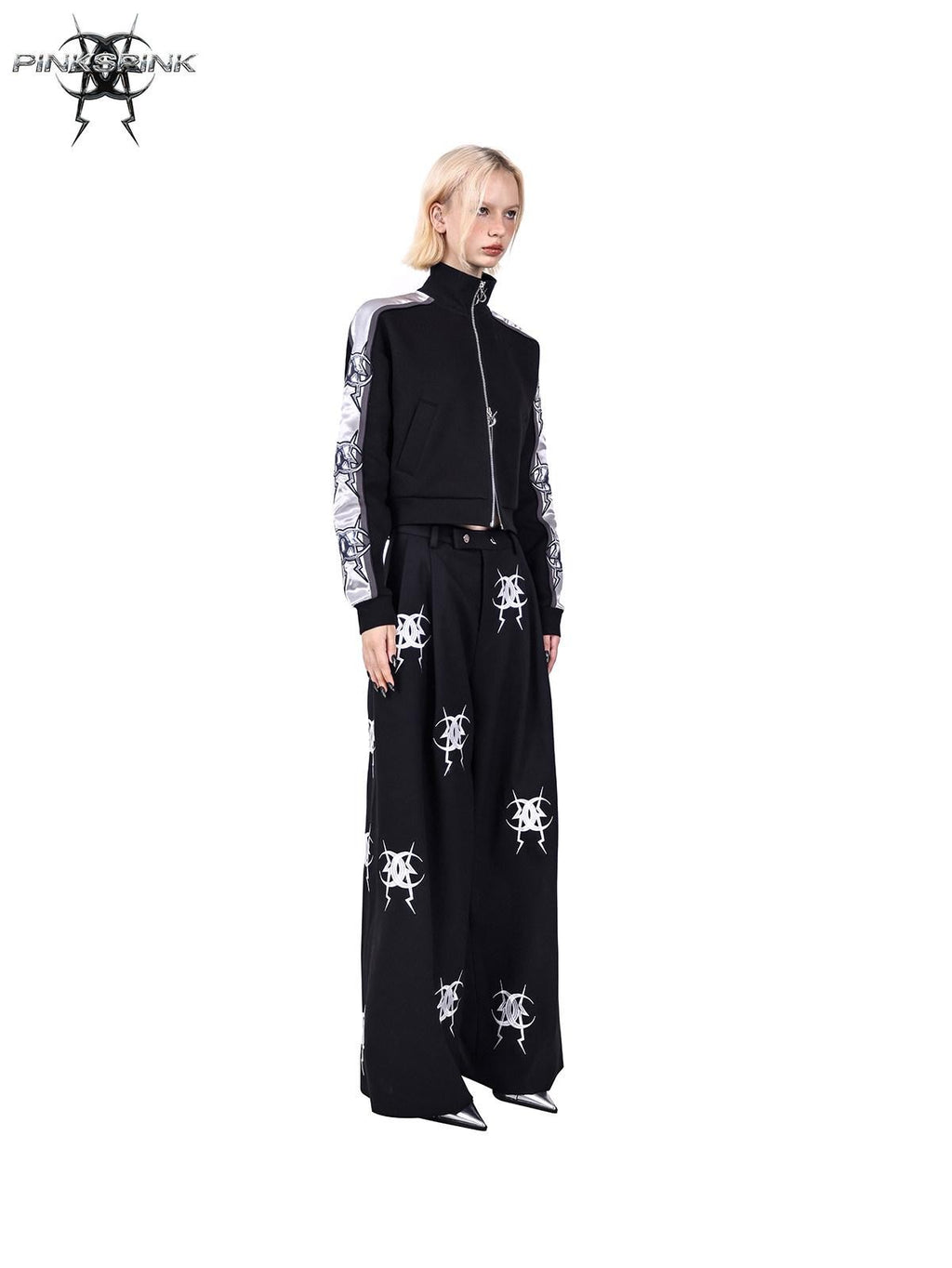 PINKSPINK Black Heavy Embroidery Relaxed Zipper Low Waist Straight Leg Women's Sweatpants