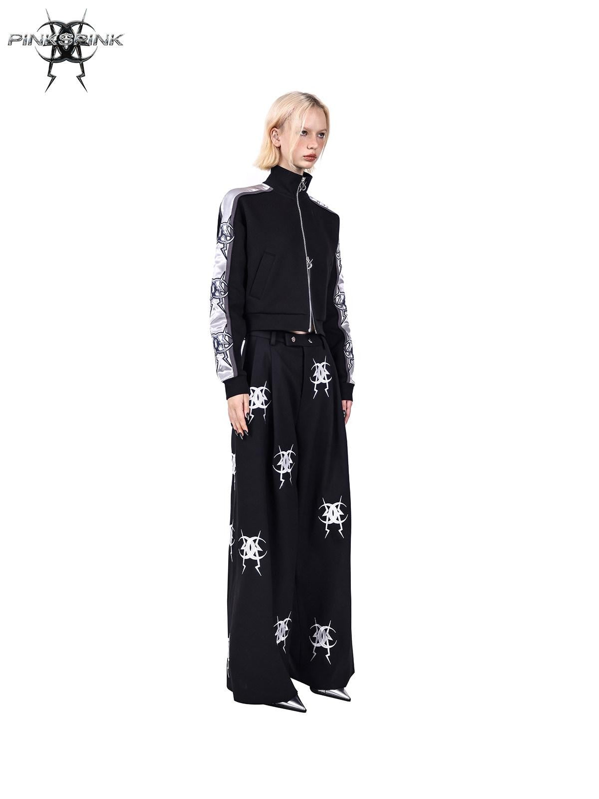 PINKSPINK Black Heavy Embroidery Relaxed Zipper Low Waist Straight Leg Women's Sweatpants