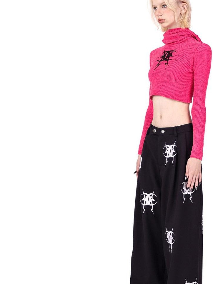 PINKSPINK Black Heavy Embroidery Zipper Straight Leg Low Rise Women's Sweatpants