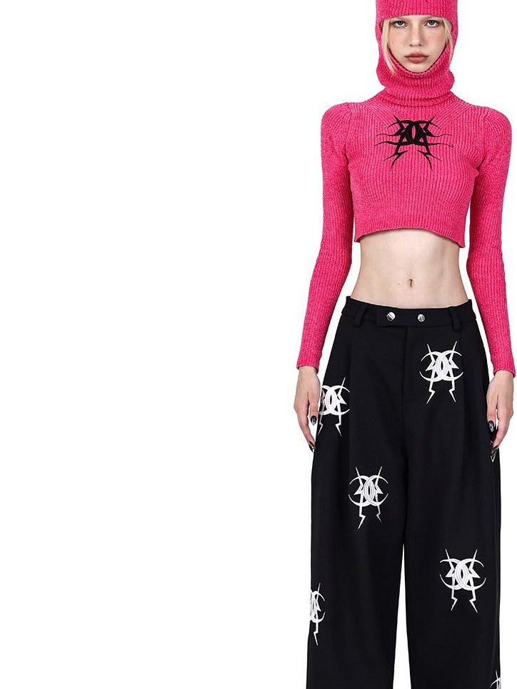PINKSPINK Black Heavy Embroidery Zipper Straight Leg Low Rise Women's Sweatpants