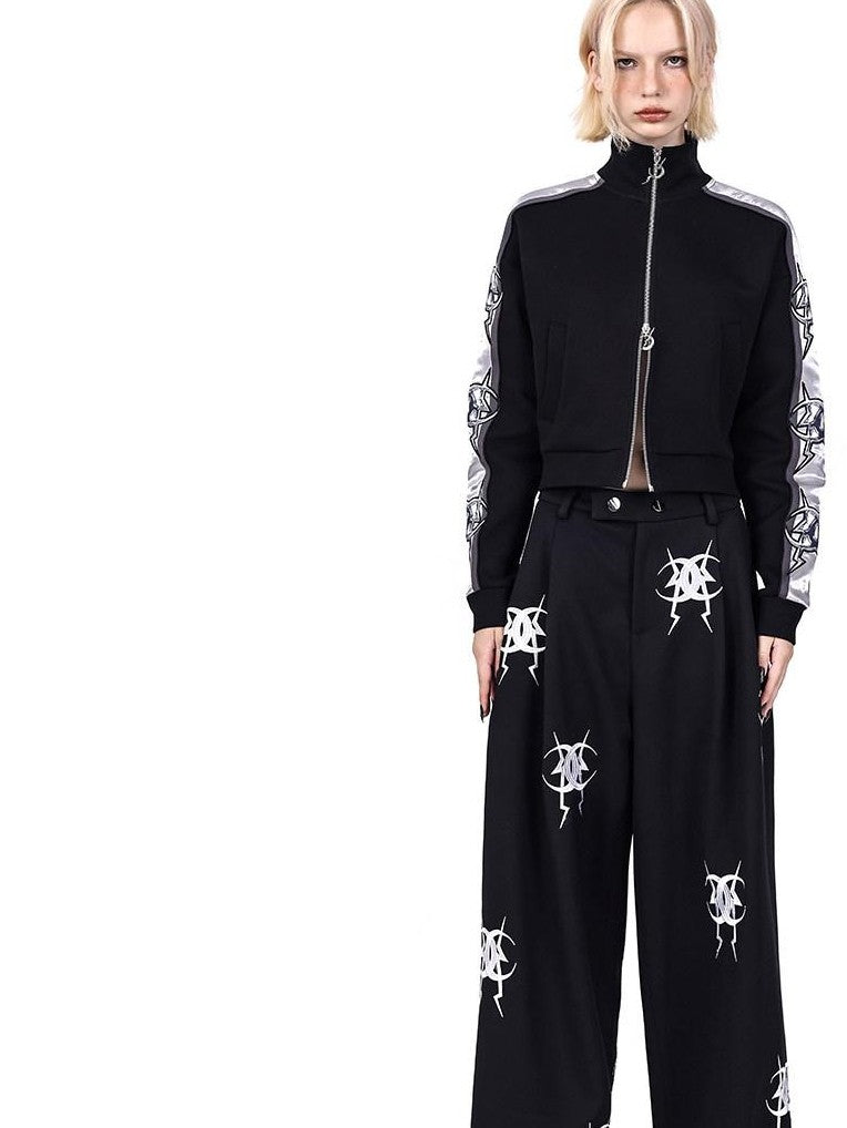 PINKSPINK Black Heavy Embroidery Zipper Straight Leg Low Rise Women's Sweatpants