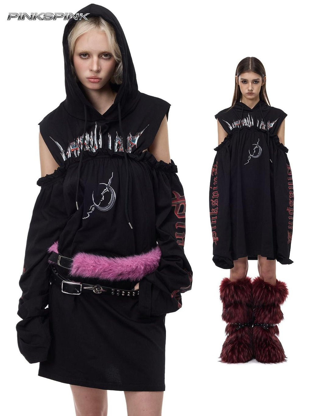 PINKSPINK Black Hooded Asymmetrical Embroidered Women's Cotton Casual Midi Dresses