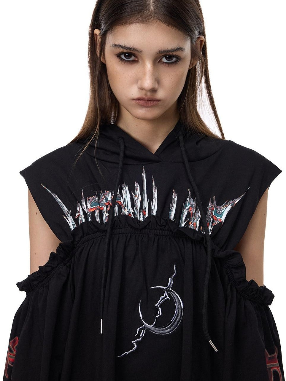 PINKSPINK Black Hooded Asymmetrical Embroidered Women's Cotton Casual Midi Dresses