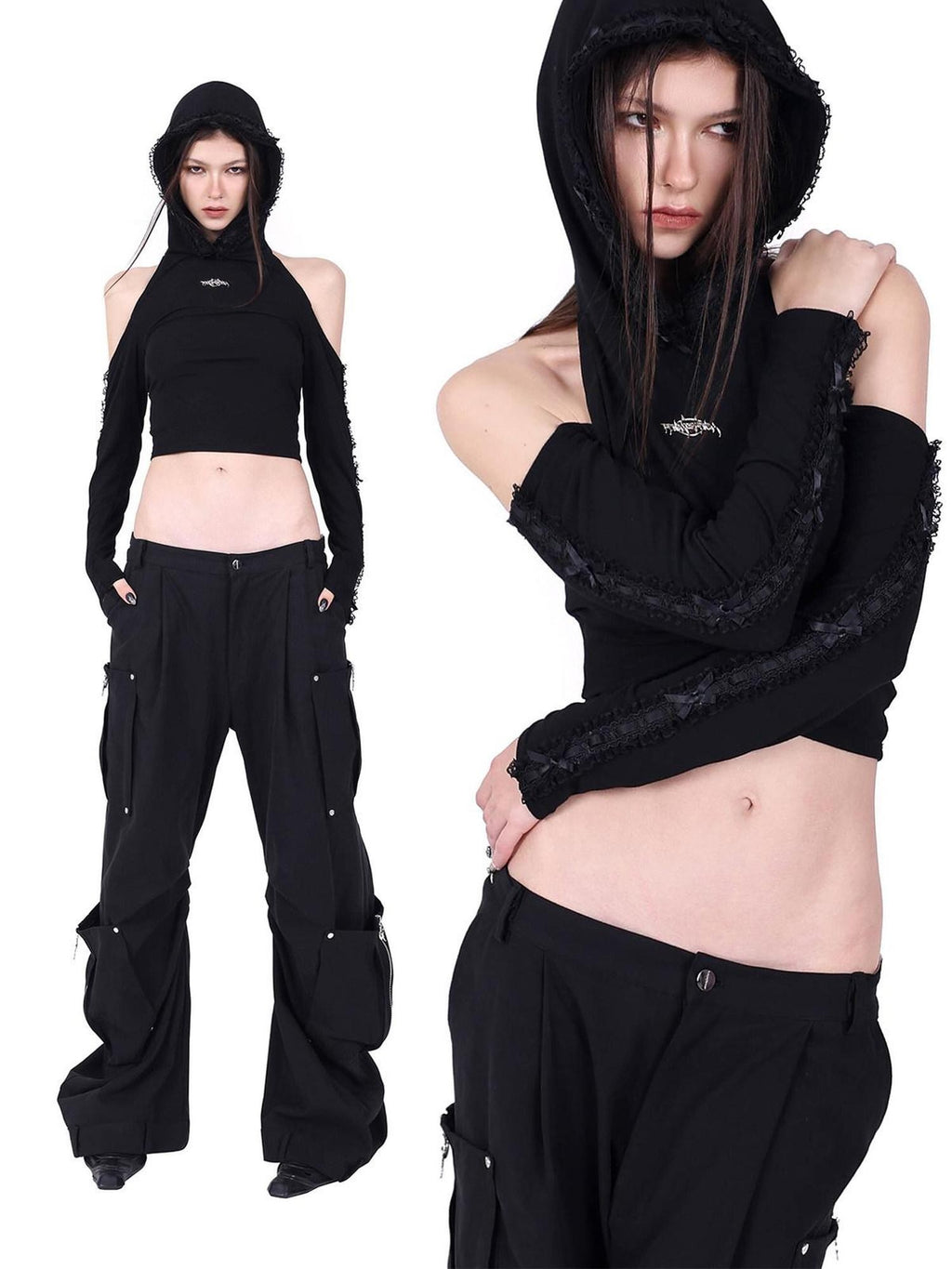 PINKSPINK Black Lace Open Back Hooded Cropped Women's Cotton Long Sleeve T-shirts