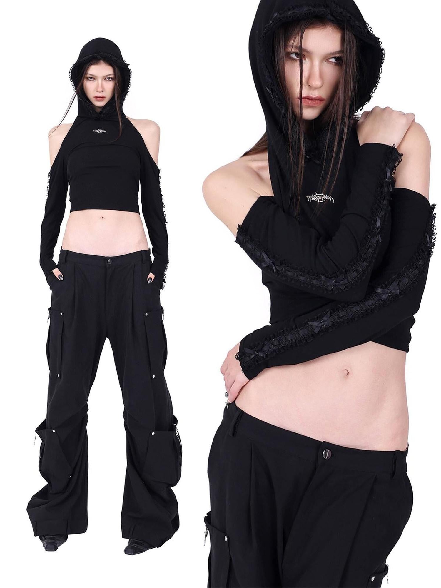 PINKSPINK Black Lace Open Back Hooded Cropped Women's Cotton Long Sleeve T-shirts