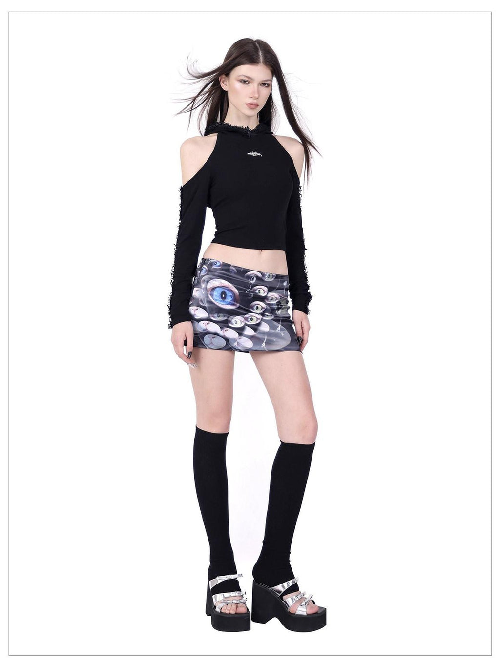 PINKSPINK Black Lace Open Back Hooded Cropped Women's Cotton Long Sleeve T-shirts