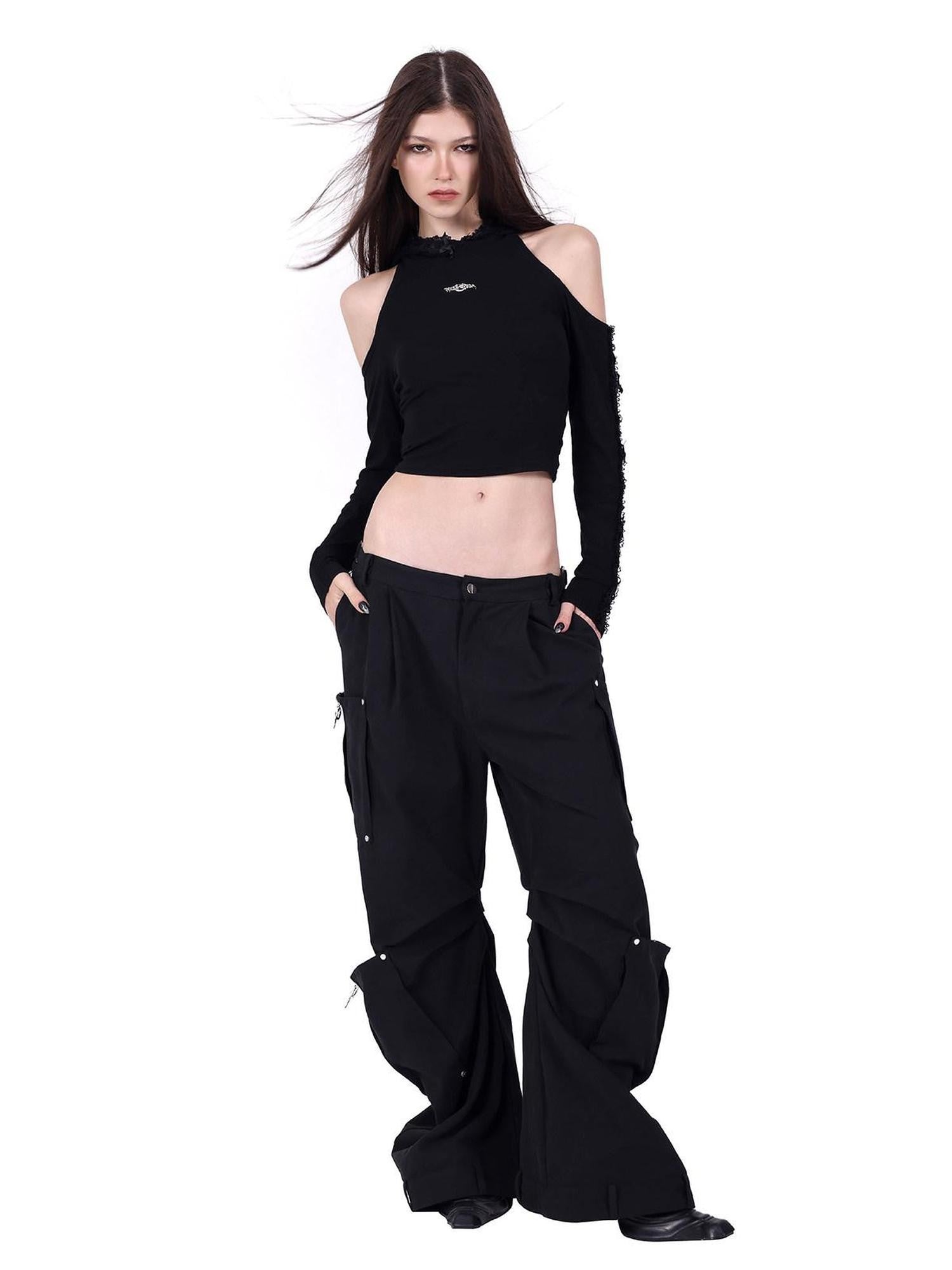 PINKSPINK Black Lace Open Back Hooded Cropped Women's Cotton Long Sleeve T-shirts