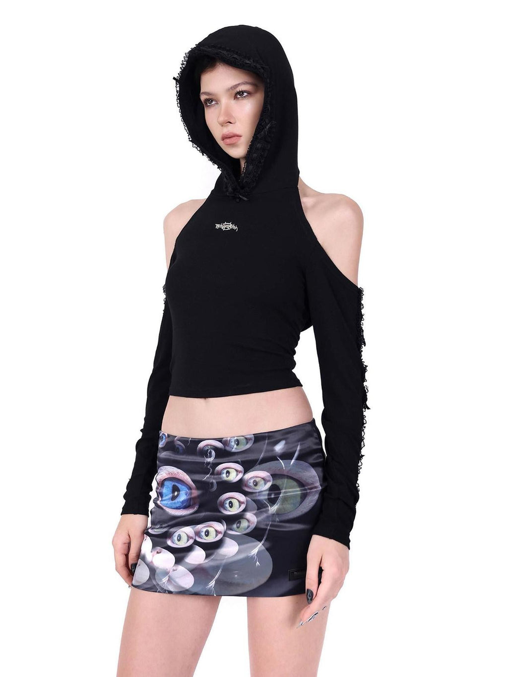 PINKSPINK Black Lace Open Back Hooded Cropped Women's Cotton Long Sleeve T-shirts
