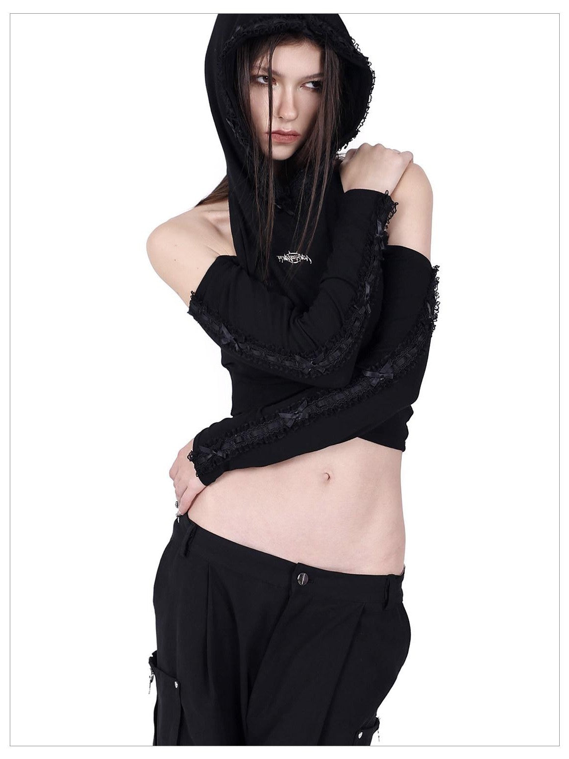 PINKSPINK Black Lace Open Back Hooded Cropped Women's Cotton Long Sleeve T-shirts