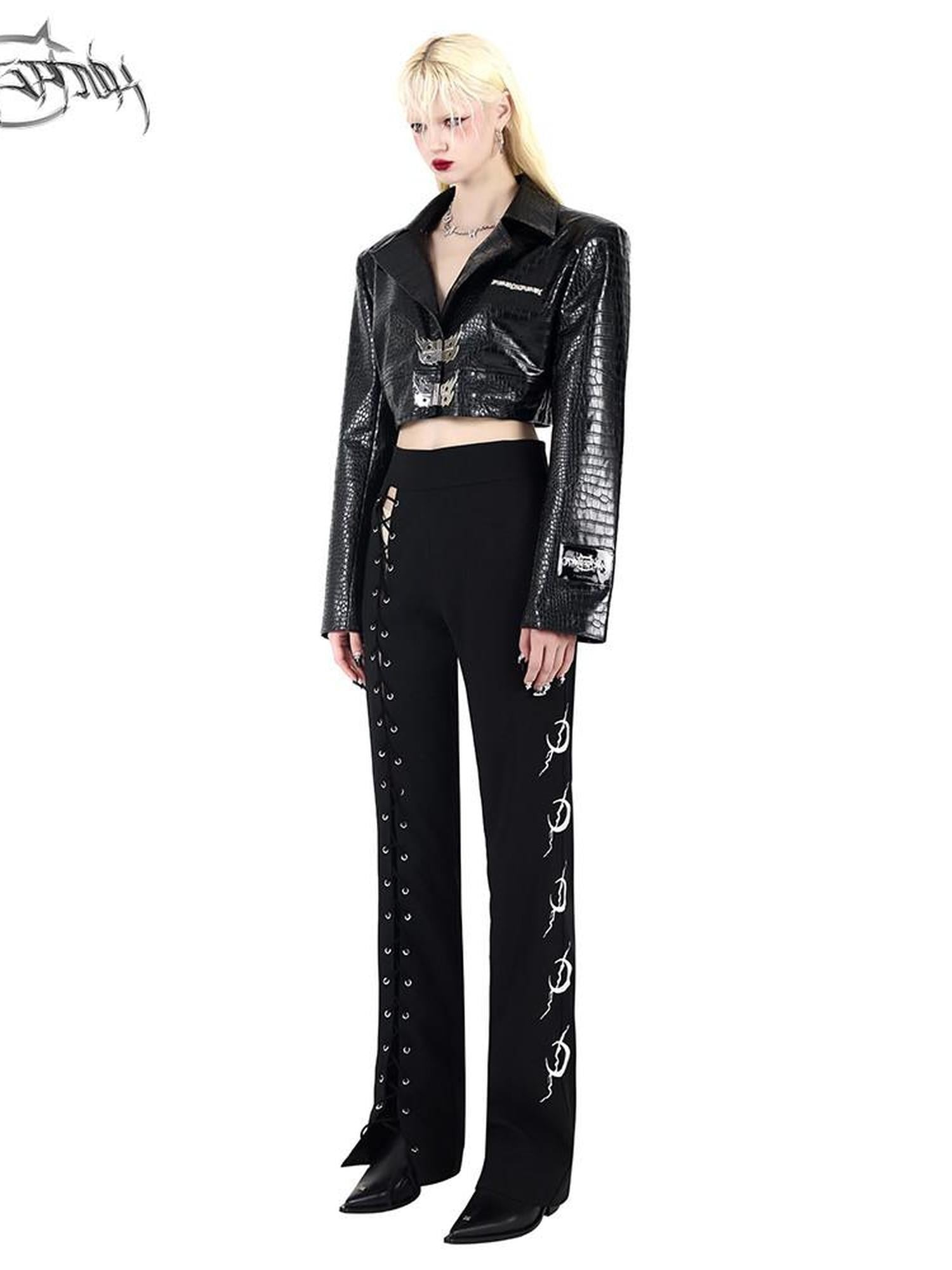 PINKSPINK Black Lace Up Strappy Avant Garde Women's Straight-leg Pants
