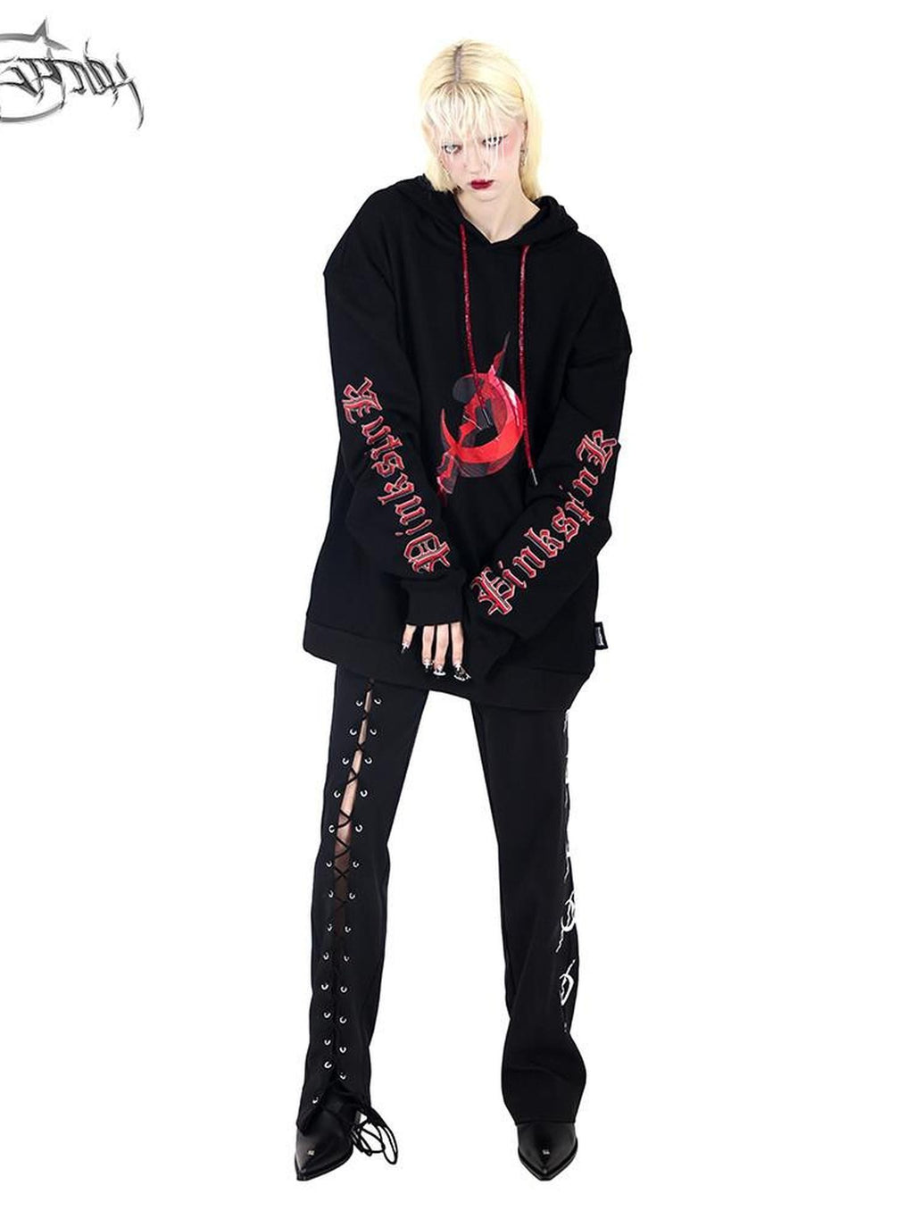 PINKSPINK Black Lace Up Strappy Avant Garde Women's Straight-leg Pants