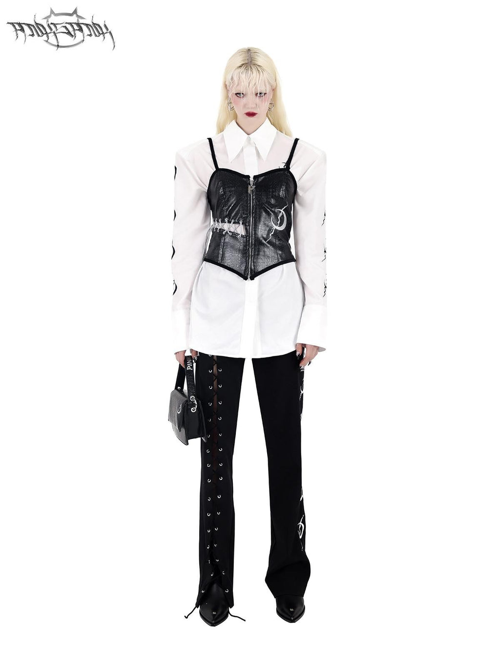 PINKSPINK Black Lace Up Strappy Avant Garde Women's Straight-leg Pants