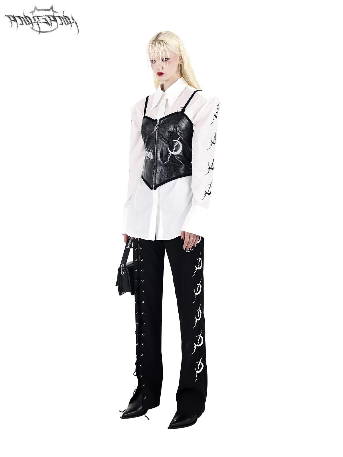PINKSPINK Black Lace Up Strappy Avant Garde Women's Straight-leg Pants