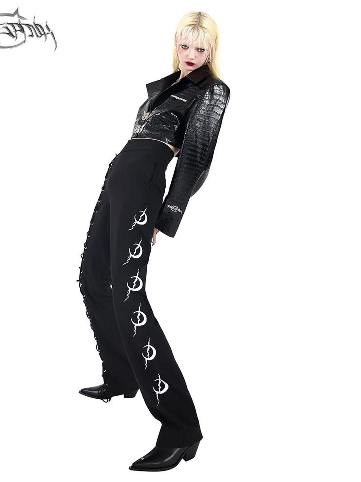 PINKSPINK Black Lace Up Strappy Avant Garde Women's Straight-leg Pants