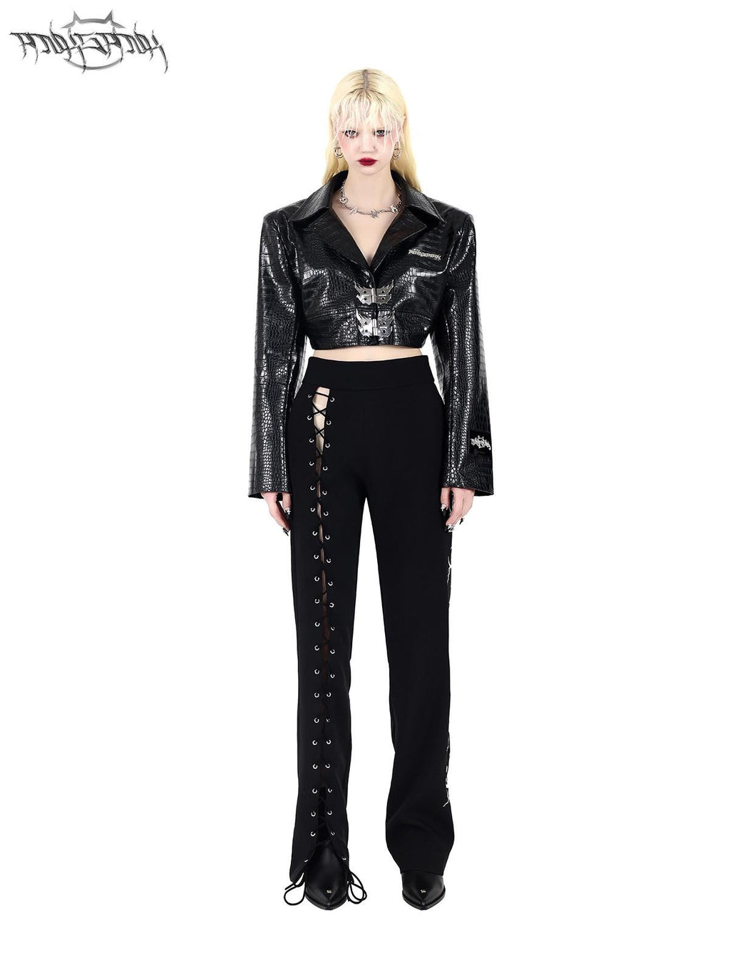 PINKSPINK Black Lace Up Strappy Avant Garde Women's Straight-leg Pants