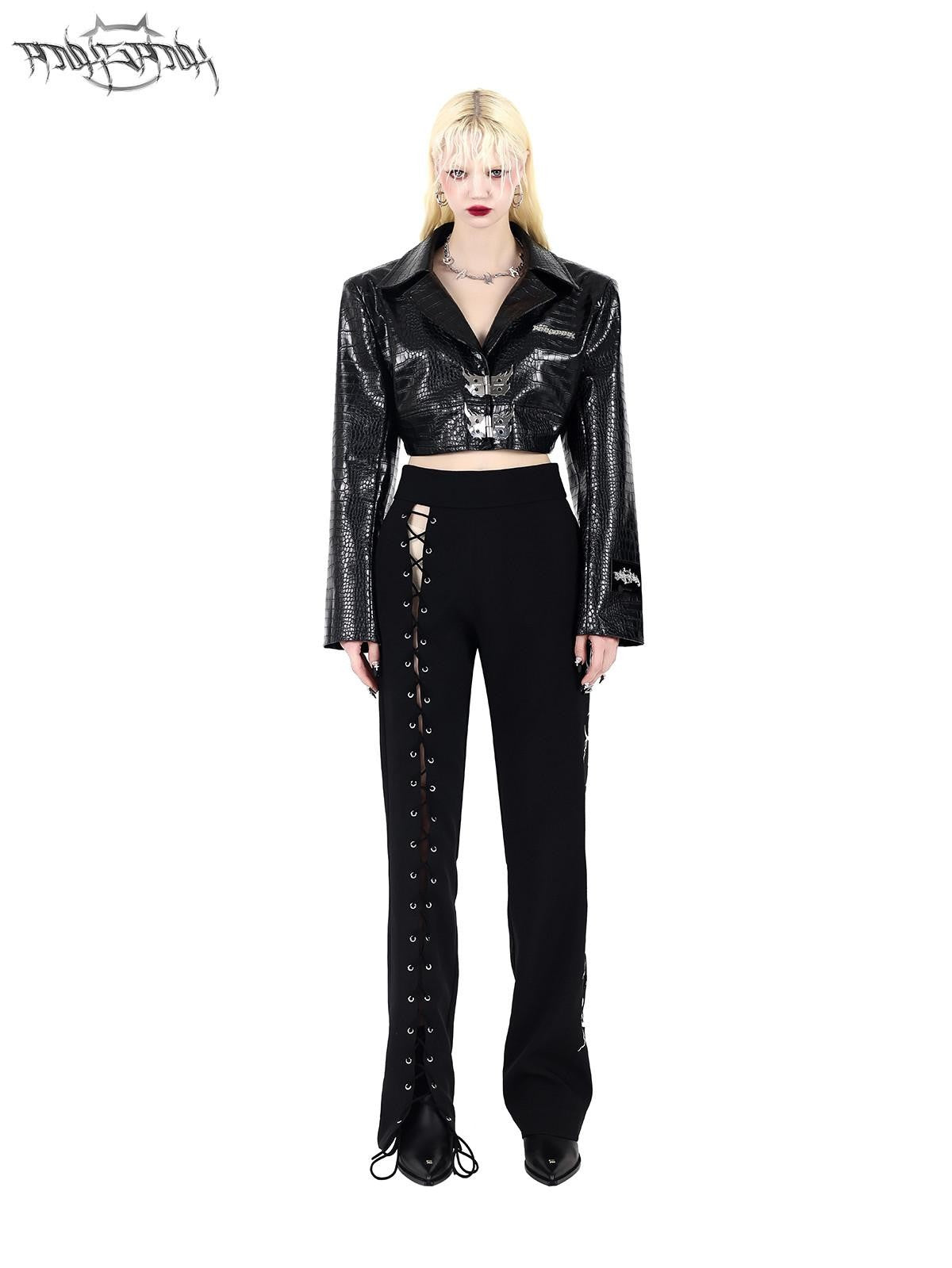 PINKSPINK Black Lace Up Strappy Avant Garde Women's Straight-leg Pants